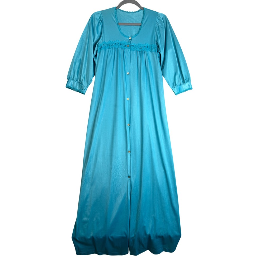 Vintage 70s JC Penney Nightgown Womens S Blue Nylon Lace Trim Long Robe Regency